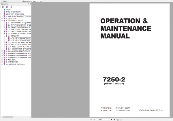 Kobelco Crawler Crane 7250 2F 2015.10 S2JD01002ZE25 Operation Maintenance Manual 1 1