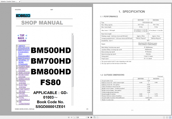 Kobelco Crawler Crane BM500HD BM700HD BM800HD FS80 04.2011 S5GD00001ZE01 Shop Manual 1