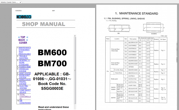 Kobelco Crawler Crane BM600 BM700 2011.04 S5GG0003E SHOP MANUAL 1 1