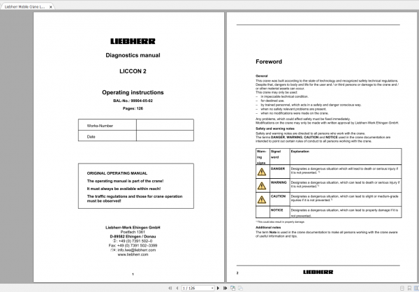 Liebherr Mobile Crane LTM 1750 9.1 LICCON 2 Operating Instructions Diagnostics Manual 99904 05 02 1
