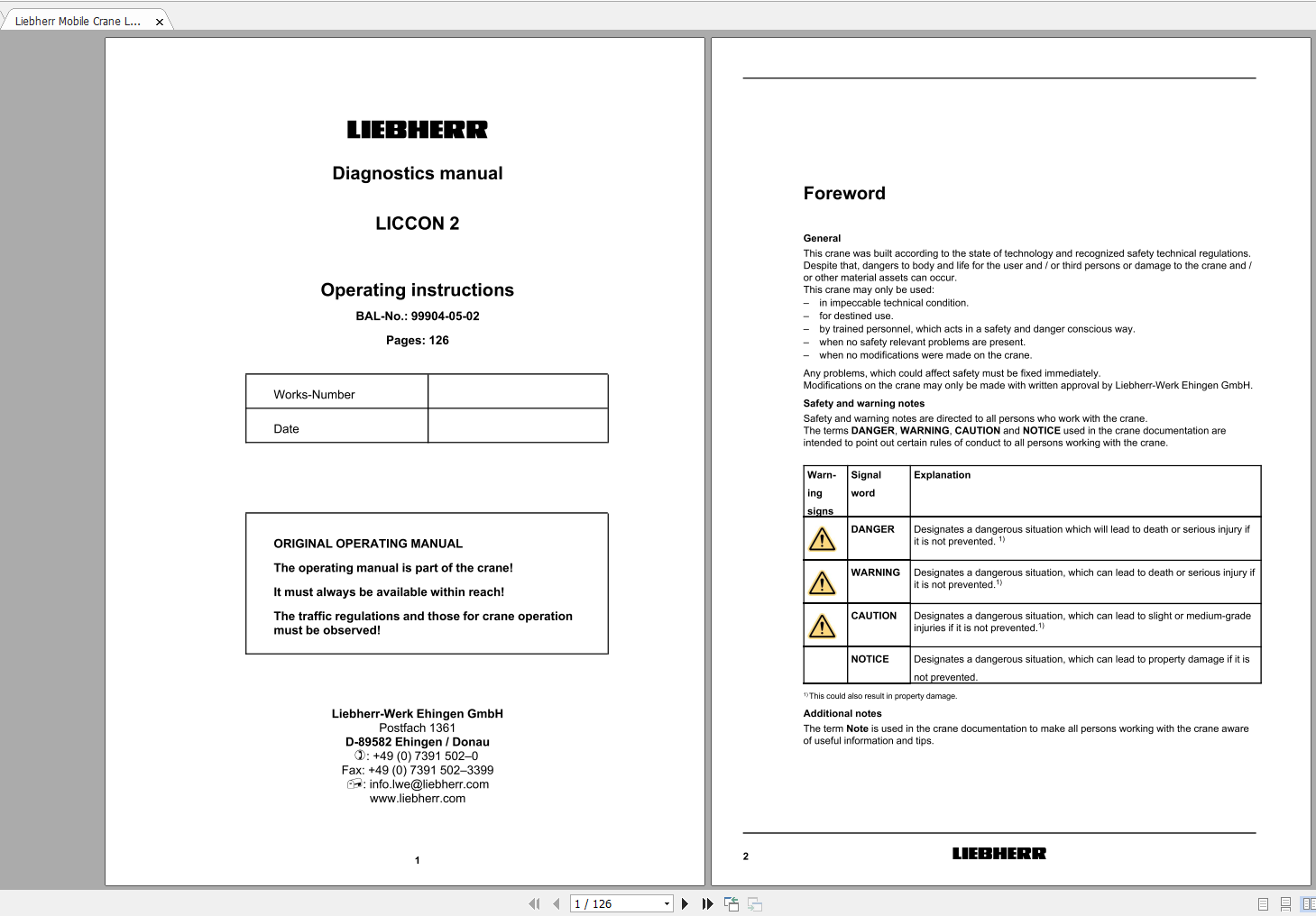 Liebherr Mobile Crane LTM 1750 9.1 LICCON 2 Operating Instructions Diagnostics Manual 99904 05 02 1