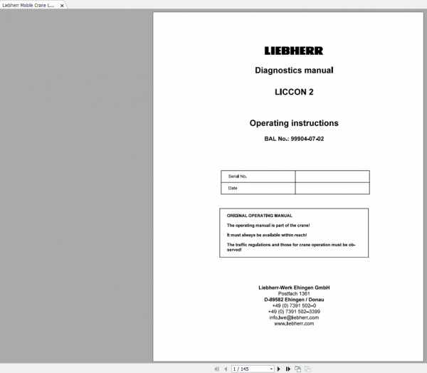 Liebherr Mobile Crane LTM 1750 9.1 LICCON 2 Operating Instructions Diagnostics Manual 99904 07 02 1