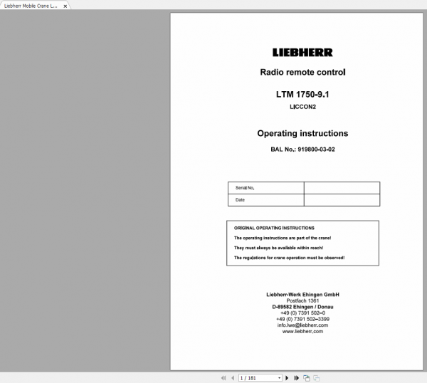 Liebherr Mobile Crane LTM 1750 9.1 LICCON 2 Operating Instructions Radio Remote Control 919800 03 02 1