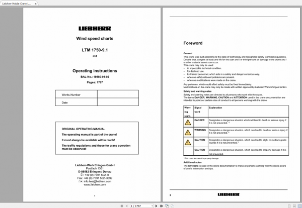 Liebherr Mobile Crane LTM 1750 9.1 Operating Instructions Wind Speed Charts 19880 01 02 1