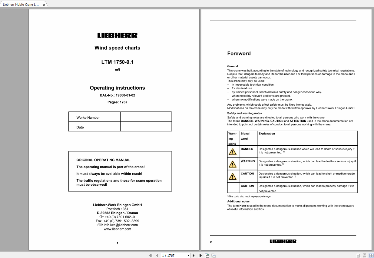 Liebherr Mobile Crane LTM 1750 9.1 Operating Instructions Wind Speed Charts 19880 01 02 1