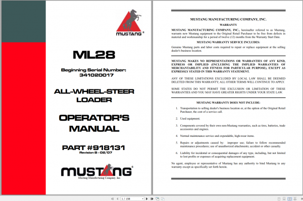 Mustang Heavy Equipment All Wheel Steer Loader Updated 2022 PDF Operators Manual 1