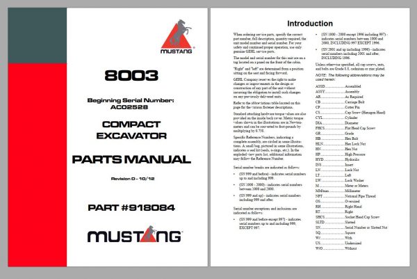 Mustang Heavy Equipment Excavator 2022 PDF Parts Manual