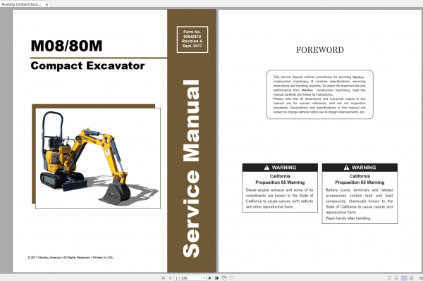 Mustang Heavy Equipment Excavator Updated 2022 PDF Service Manual 1