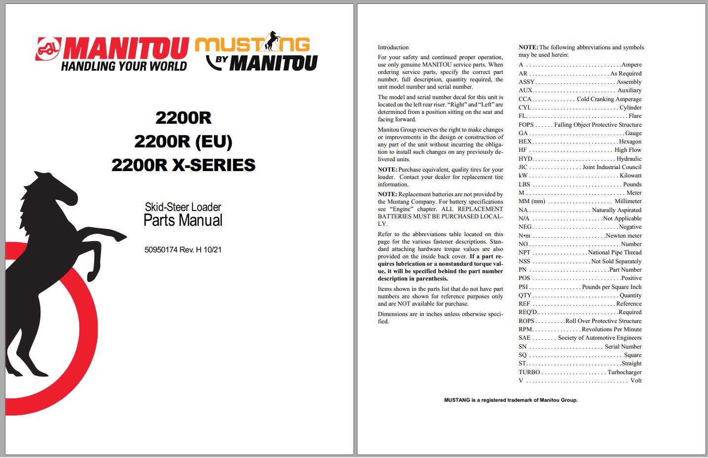 Mustang Heavy Equipment Skid Steer Loader 2022 PDF Parts Manual