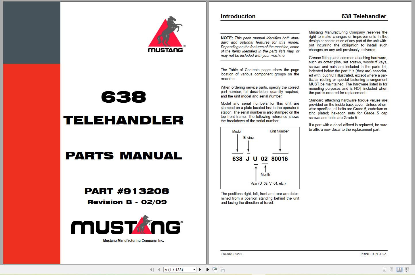 Mustang Heavy Equipment Telehandler 2022 PDF Parts Manual