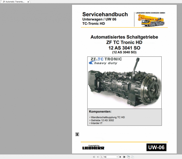 ZF Automatic Transmission ZF TC Tronis HD 12 AS 3401 SO 12 AS 3040 SO UW06 Service Handbook DE 1 1