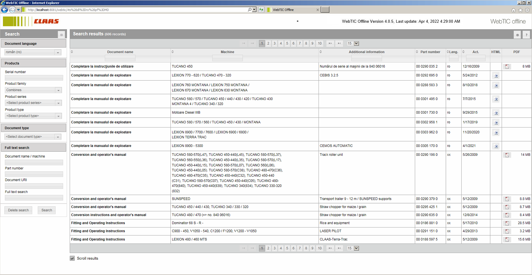 CLAAS WebTIC Offline RO ROMANI 04.2022 Operator Manual Repair Manual Service Documentation DVD 1