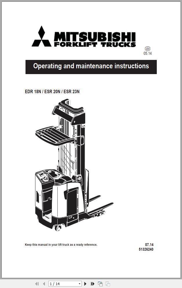 Mitsubishi Forklift EDR 18N ESR 20N ESR 23N Operation Maintenance Manual EN 1 1