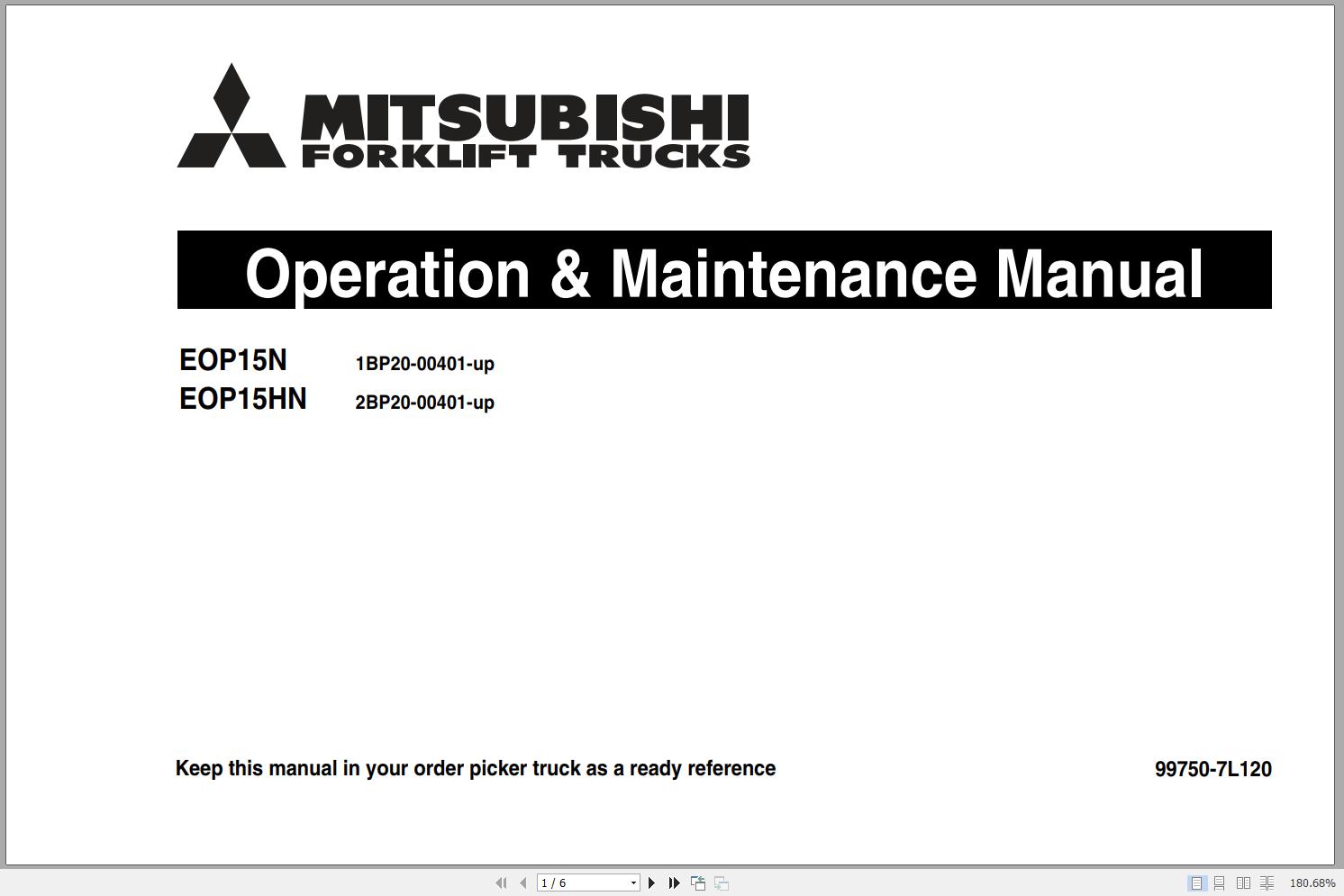 Mitsubishi Forklift EOP15HN EOP15N Schematic Operation Maintenance Service Manual EN 1