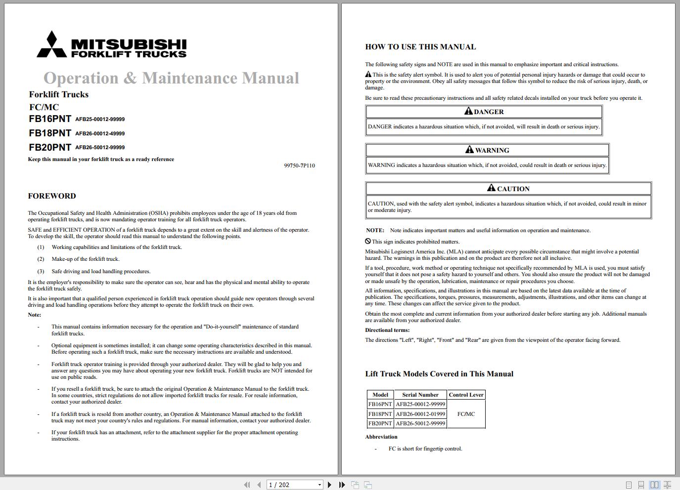Mitsubishi Forklift FB16PNT FB18PNT FB20PNT Schematic Operation Maintenance Service Manual EN 1