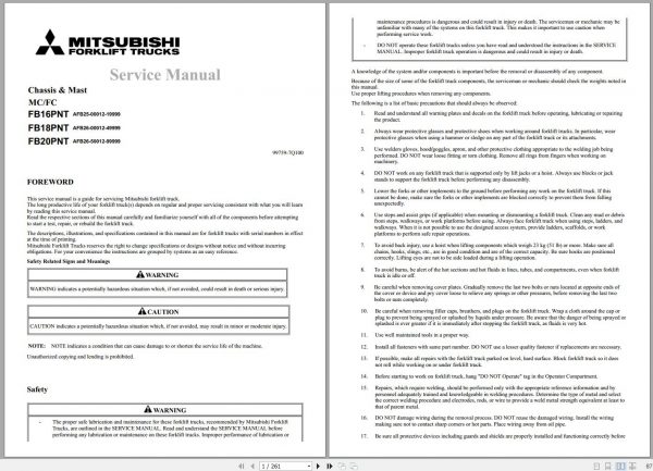 Mitsubishi Forklift FB16PNT FB18PNT FB20PNT Schematic Operation Maintenance Service Manual EN 2