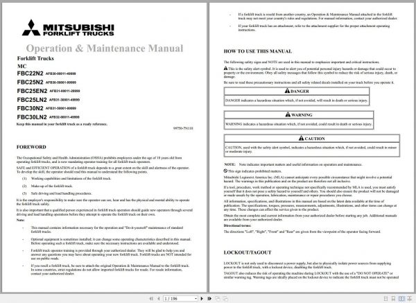 Mitsubishi Forklift FBC22N2 FBC30N2 Schematic Operation Maintenance Service Manual EN 1