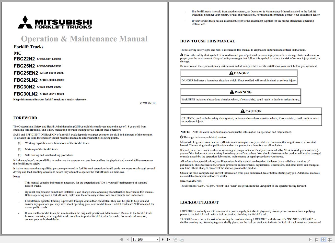 Mitsubishi Forklift FBC22N2 FBC30N2 Schematic Operation Maintenance Service Manual EN 1