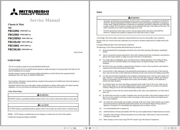 Mitsubishi Forklift FBC22N2 FBC30N2 Schematic Operation Maintenance Service Manual EN 2