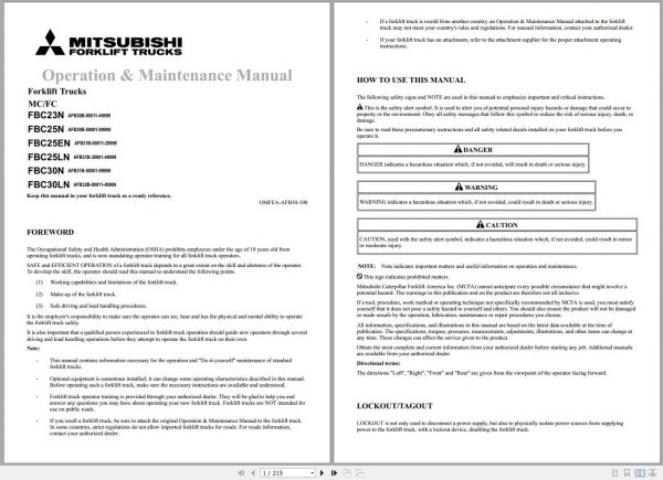 Mitsubishi Forklift FBC23N Schematic Operation Maintenance Service Manual EN 2