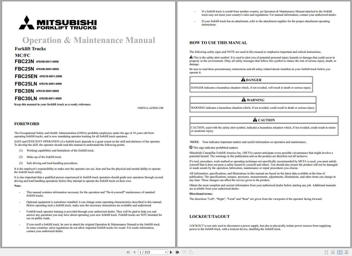Mitsubishi Forklift FBC23N Schematic Operation Maintenance Service Manual EN 2