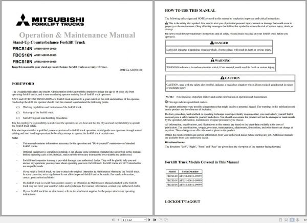 Mitsubishi Forklift FBCS14N FBCS16N FBCS18N Operation Maintenance Manual EN 1