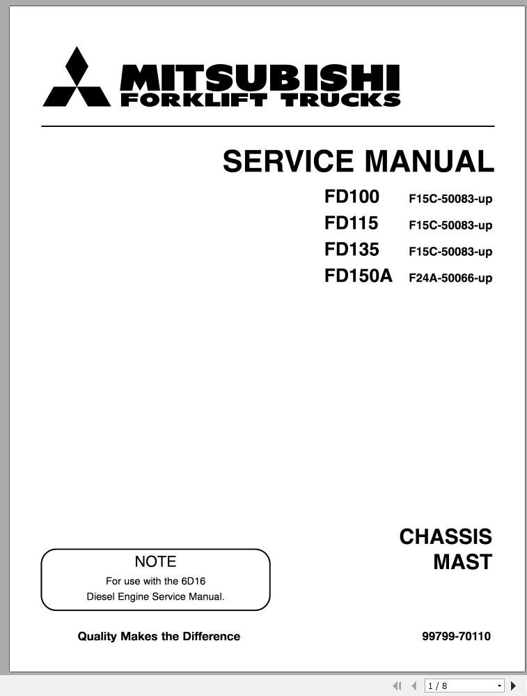 Mitsubishi Forklift FD100 Schematic Operation Maintenance Service Manual EN 2