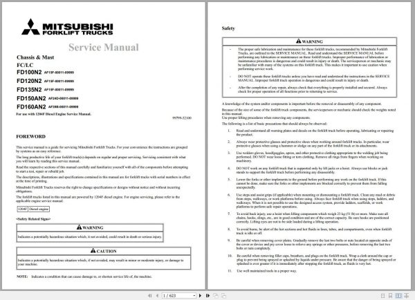 Mitsubishi Forklift FD100N2 FD120N2 FD135N2 FD160AN2 Schematic Operation Maintenance Service Manual PDF EN 1