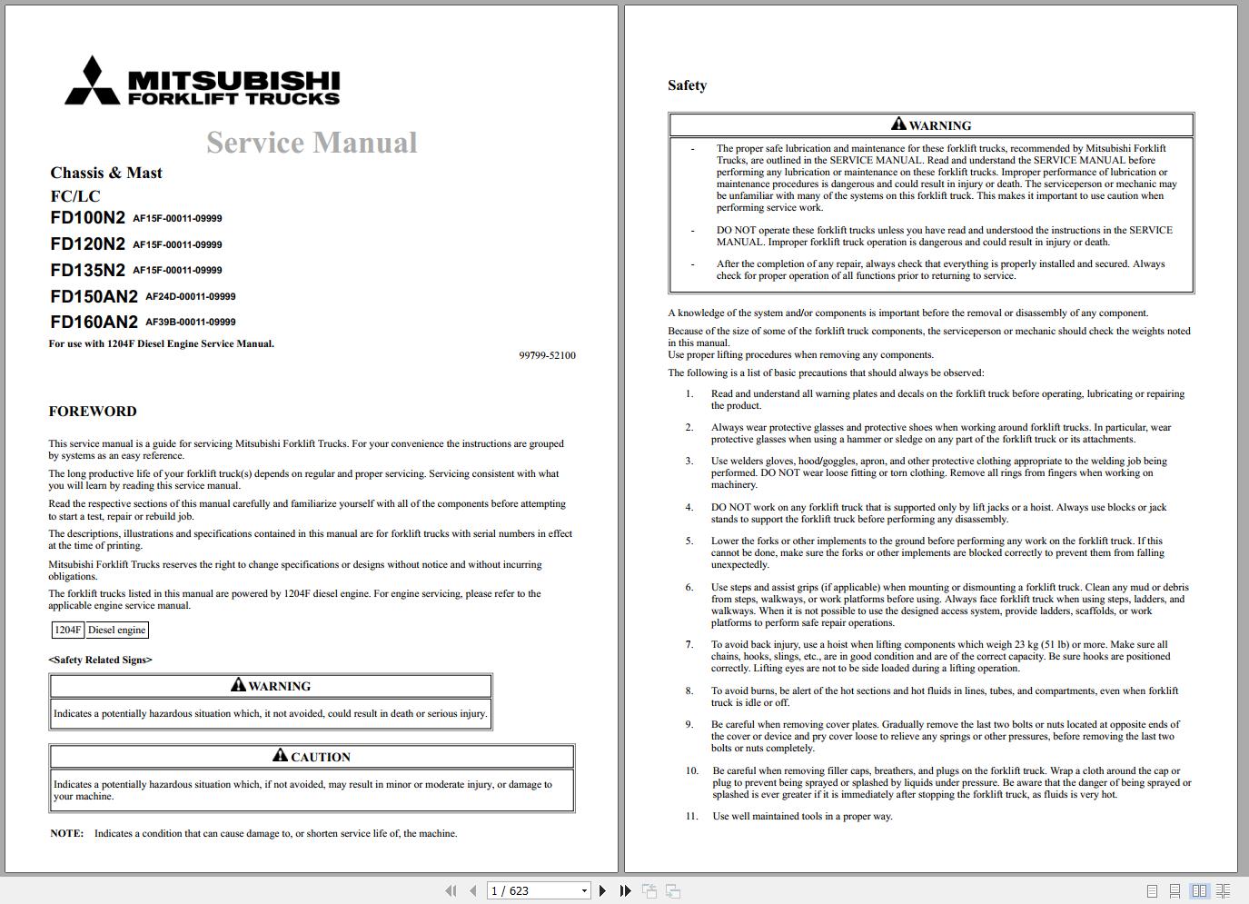 Mitsubishi Forklift FD100N2 FD120N2 FD135N2 FD160AN2 Schematic Operation Maintenance Service Manual PDF EN 1