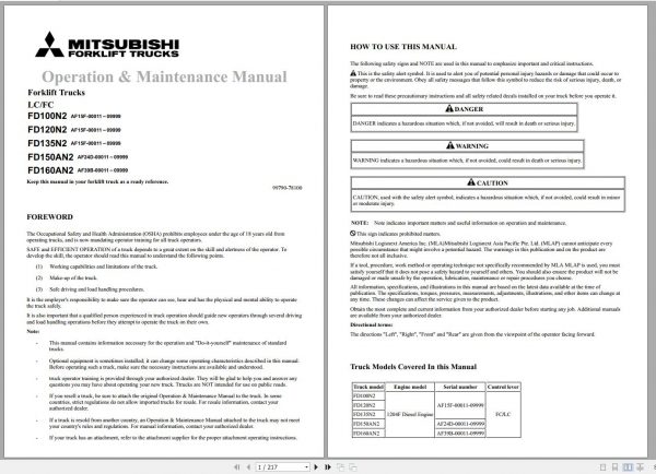 Mitsubishi Forklift FD100N2 FD120N2 FD135N2 FD160AN2 Schematic Operation Maintenance Service Manual PDF EN 2