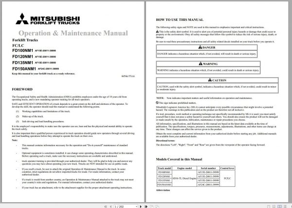 Mitsubishi Forklift FD100NM1 FD120NM1 FD135NM1 Schematic Operation Maintenance Service Manual EN 1