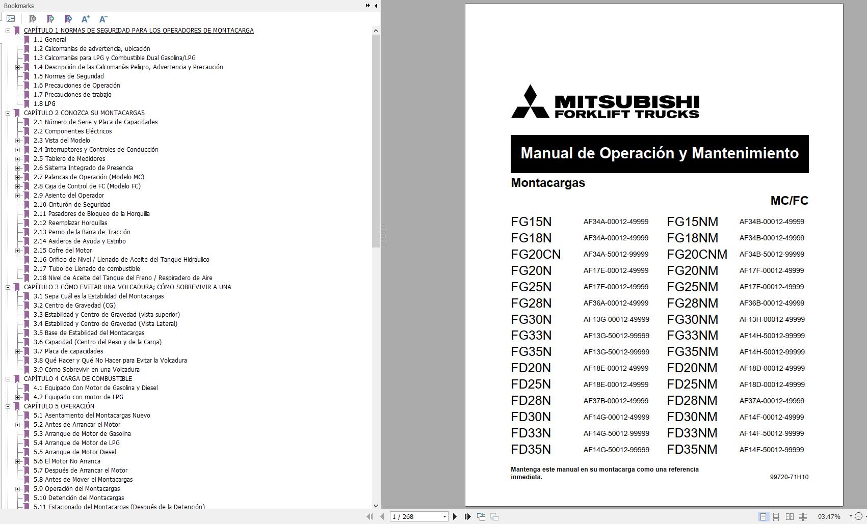 Mitsubishi Forklift FD20NM FD25NM FD28NM FD30NM FD33NM FD35NM Operation Maintenance Service Manual PDF EN 2