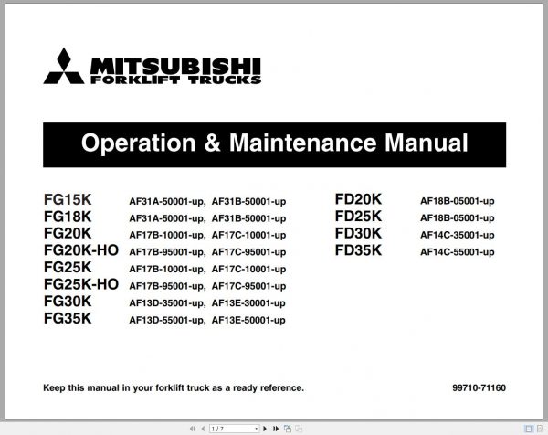 Mitsubishi Forklift FD25K FD30K FD35K Operation Maintenance Service Manual EN 2