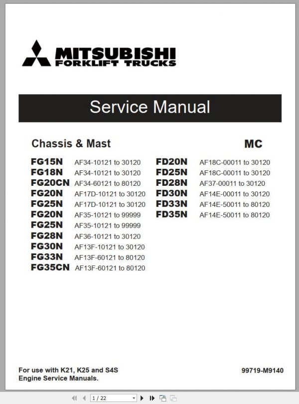 Mitsubishi Forklift FD28N Operation Maintenance Service Manual EN ES 2
