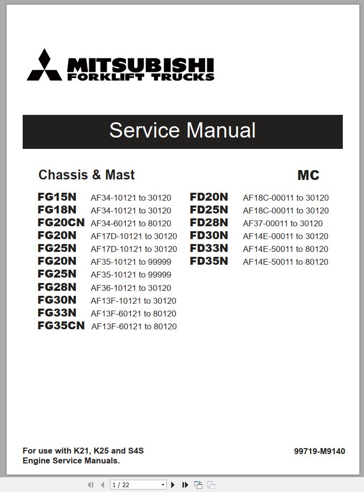 Mitsubishi Forklift FD28N Operation Maintenance Service Manual EN ES 2