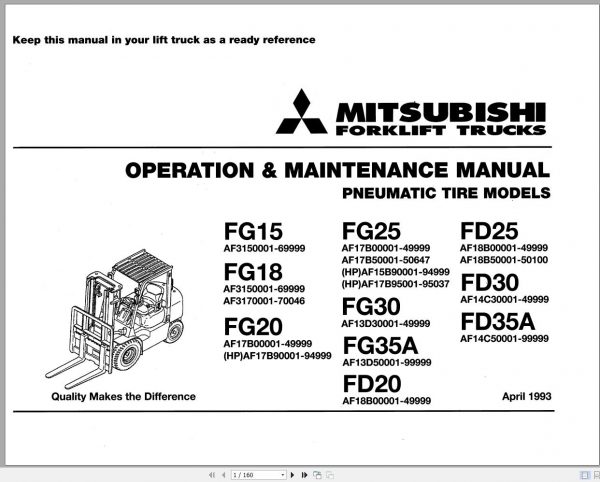Mitsubishi Forklift FD30 Operation Maintenance Service Manual EN 2