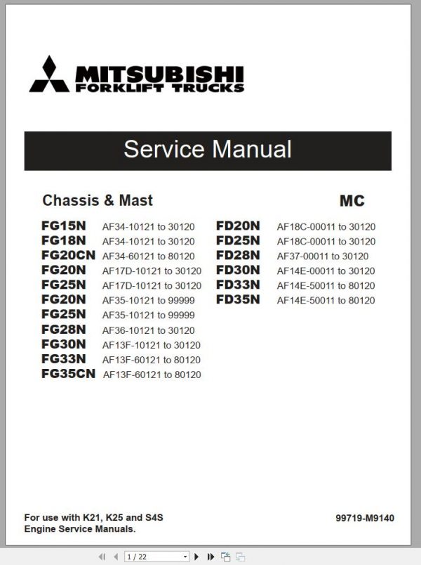 Mitsubishi Forklift FD30N Operation Maintenance Service Manual EN ES 1