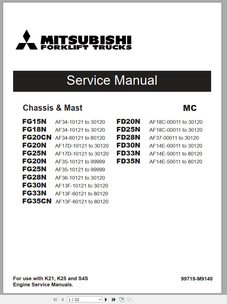 Mitsubishi Forklift FD30N Operation Maintenance Service Manual EN ES 1