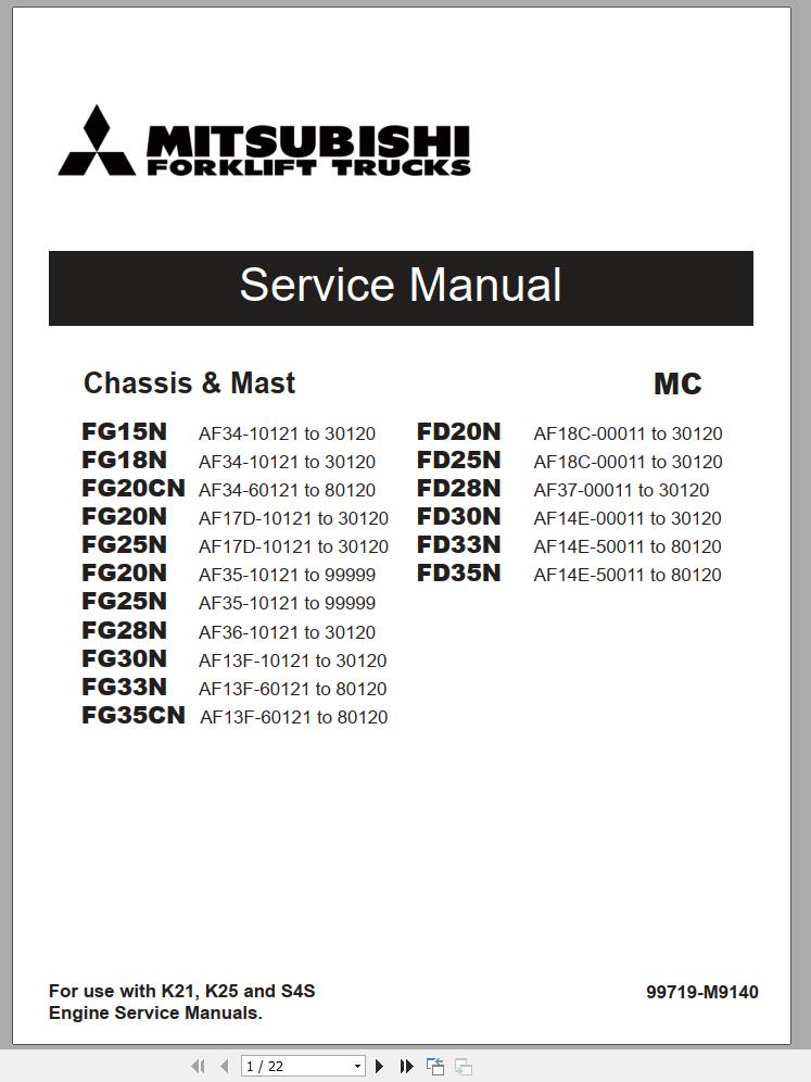 Mitsubishi Forklift FD33N FD35N Operation Maintenance Service Manual EN ES 2