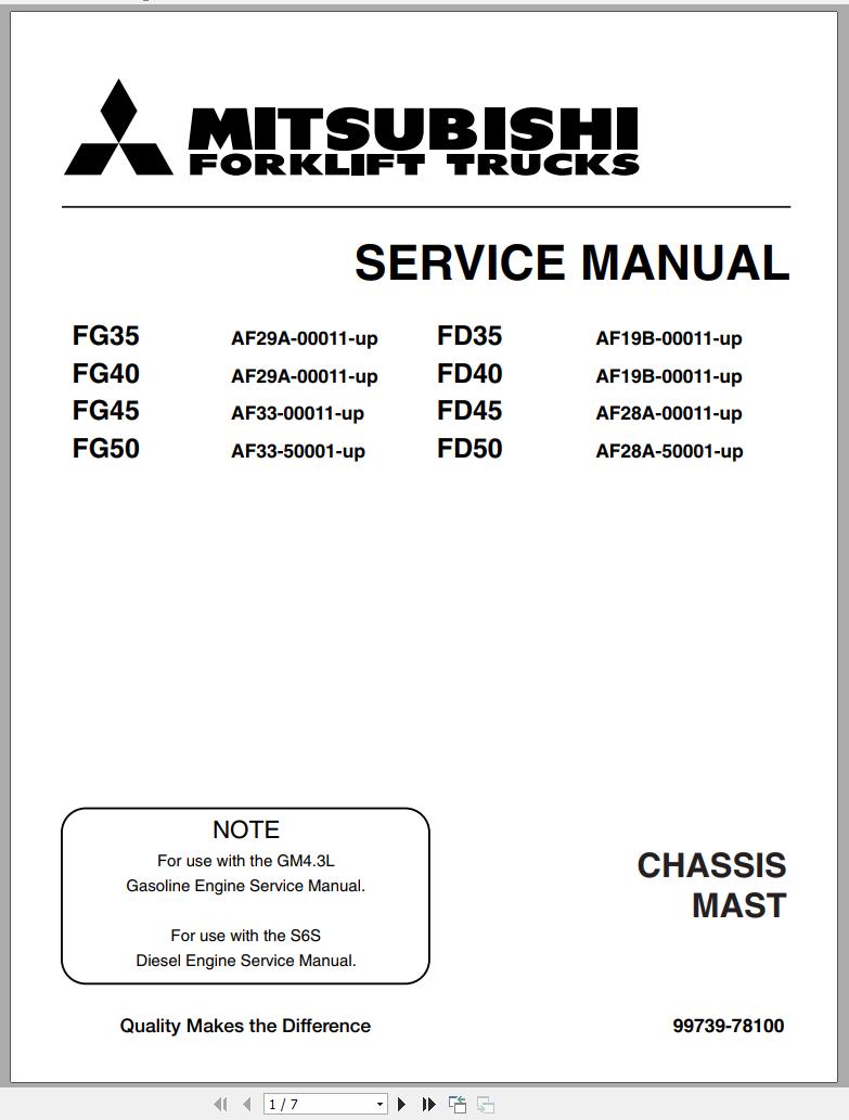 Mitsubishi Forklift FD40 Operation Maintenance Service Manual EN 2