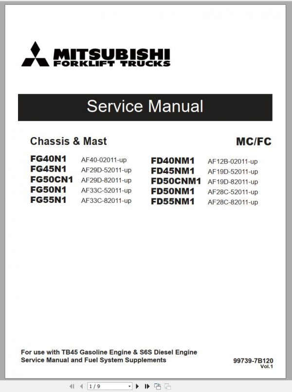 Mitsubishi Forklift FD40NM1 FD45NM1 FD50NM1 FD55NM1 Schematic Operation Maintenance Service Manual PDF EN 2