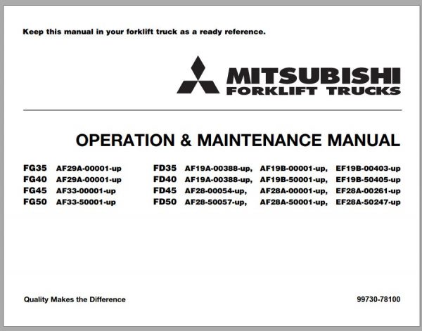 Mitsubishi Forklift FD50 Operation Maintenance Service Manual EN 1