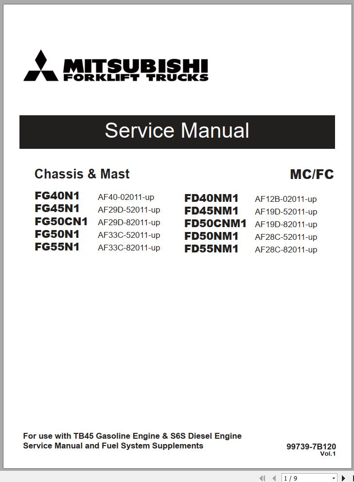 Mitsubishi Forklift FD50CNM1 Schematic Operation Maintenance Service Manual EN 2