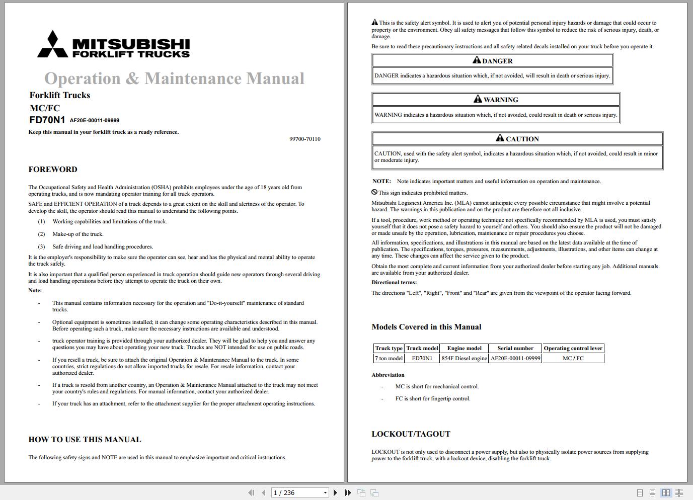 Mitsubishi Forklift FD70N1 Schematic Operation Maintenance Service Manual EN 1