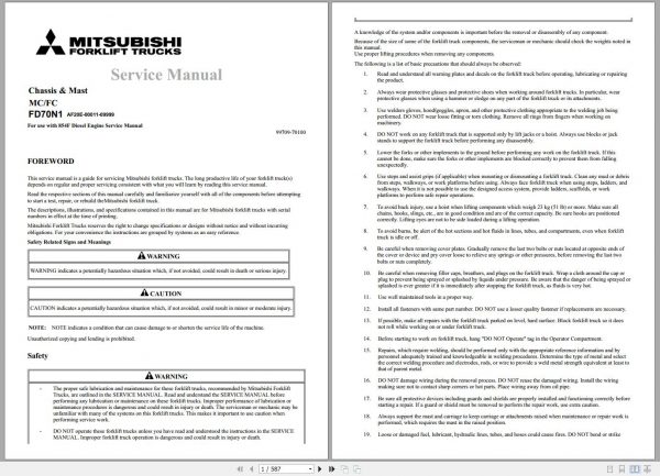 Mitsubishi Forklift FD70N1 Schematic Operation Maintenance Service Manual EN 2