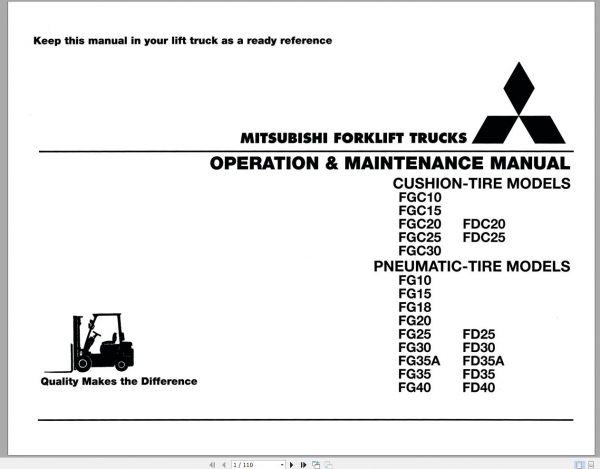 Mitsubishi Forklift FDC20 FDC25 Operation Maintenance Service Manual EN 2
