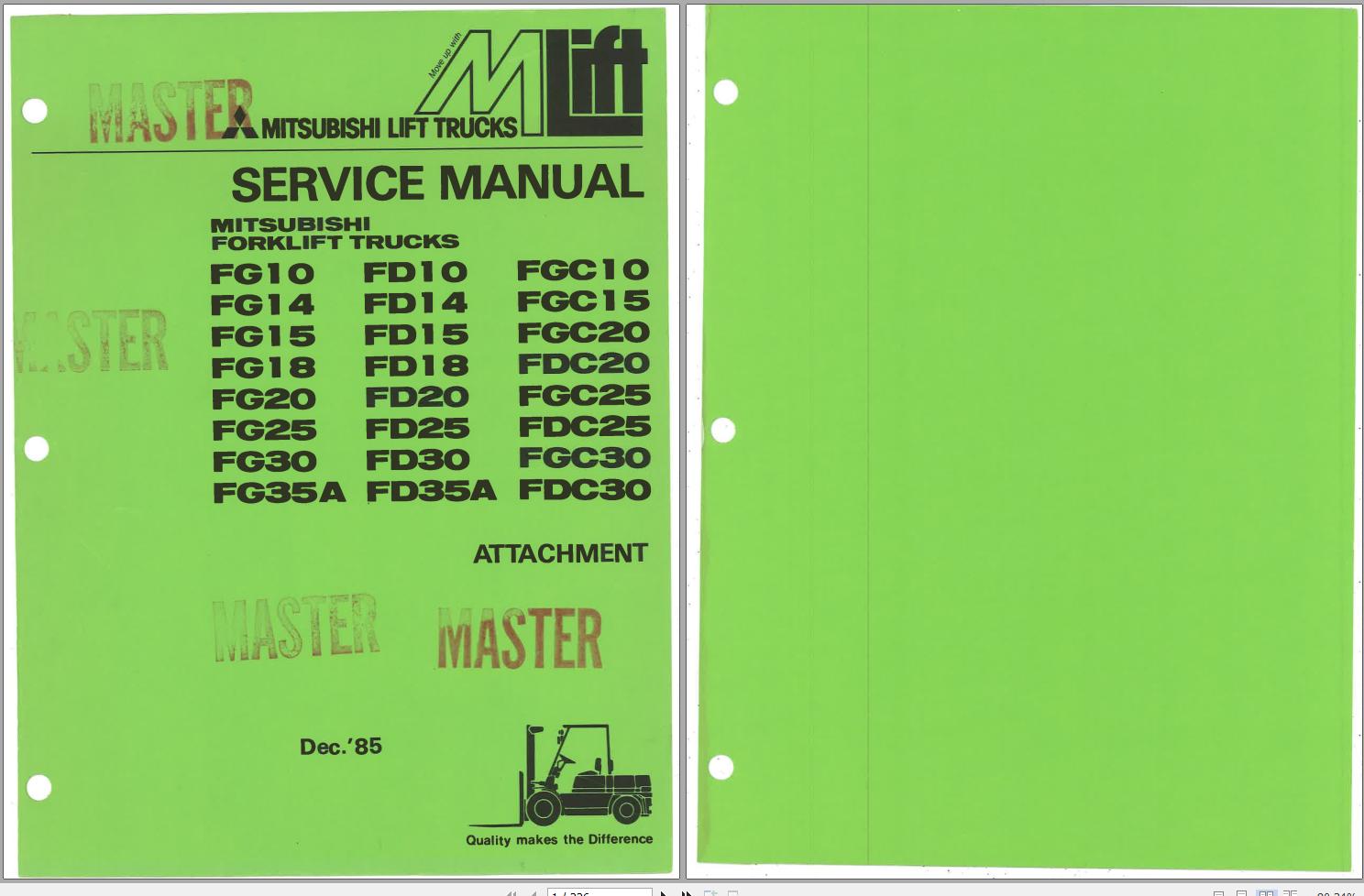 Mitsubishi Forklift FG10 Operation Maintenance Service Manual EN 1