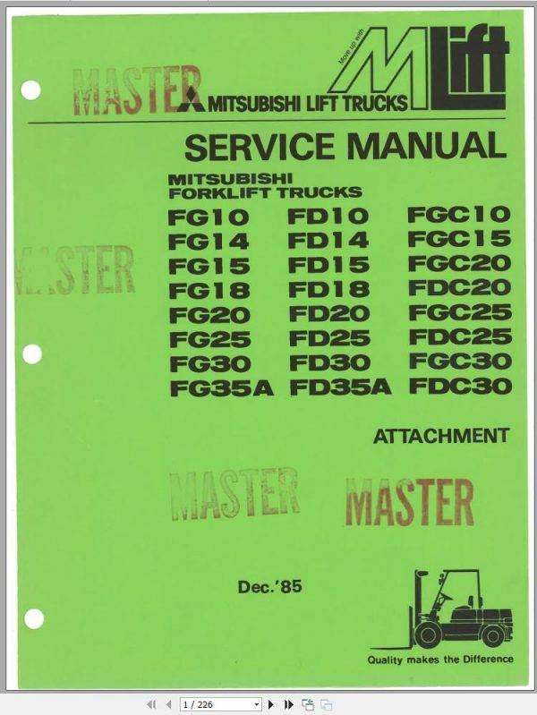 Mitsubishi Forklift FG15 Operation Maintenance Service Manual EN 2