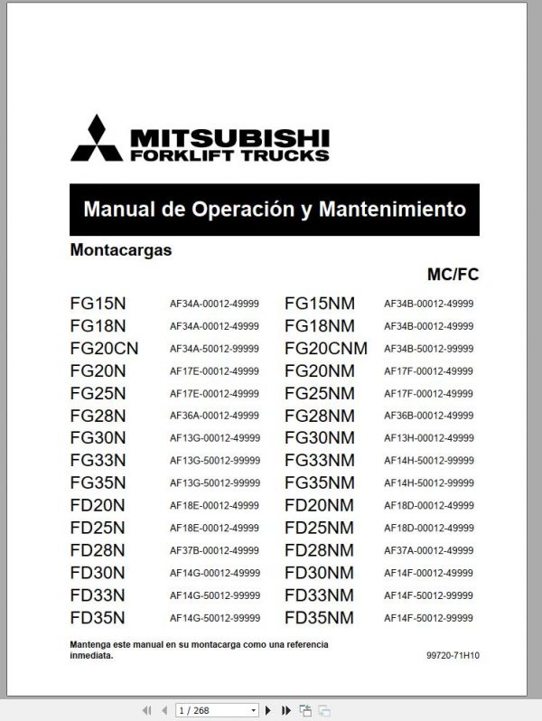 Mitsubishi Forklift FG15N FG18N Operation Maintenance Service Manual EN ES FR 3