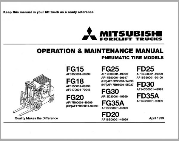 Mitsubishi Forklift FG18 FG20 Schematic Operation Maintenance Service Manual EN 1
